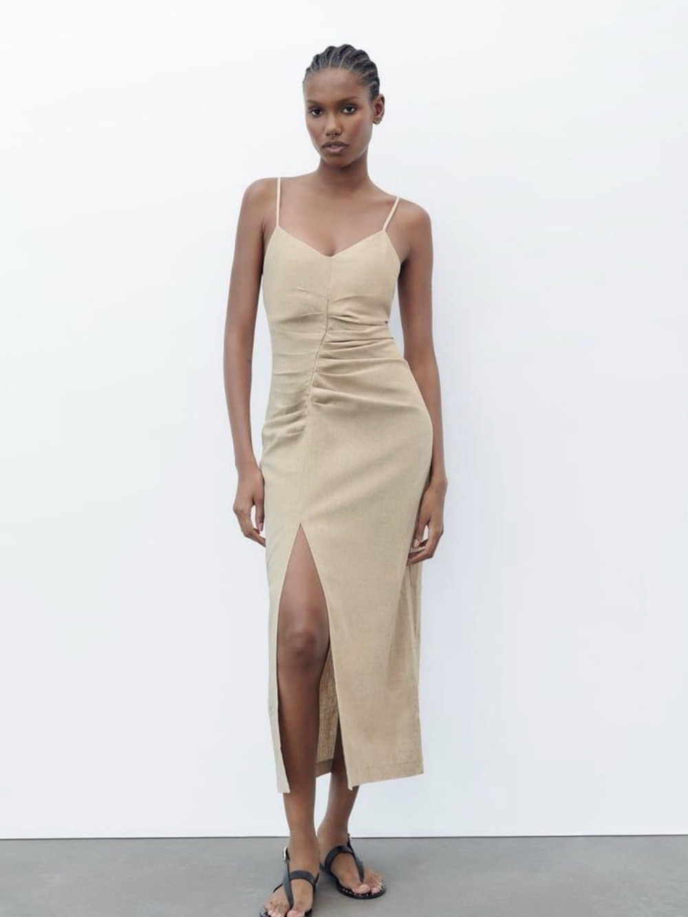 Zara Ruched Midi Dress in Beige